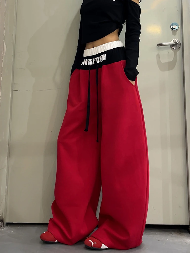 American Style Loose Wide Leg Pants Color Block Letter Design Men Women Casual Trousers Comfortable Breathable Straight Cut