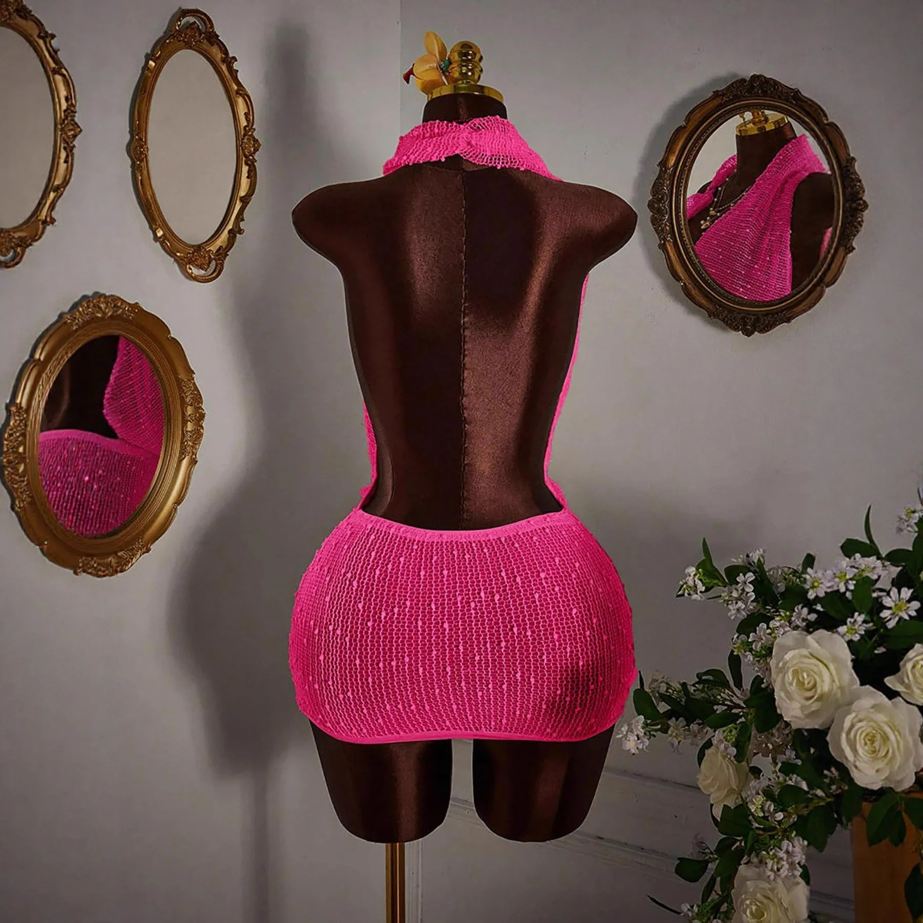 Women's Knit Backless Halter Neck Sleeveless Mini Dress Solid Color High Waist Crochet Swim Cover Up Beach Outfit Casual