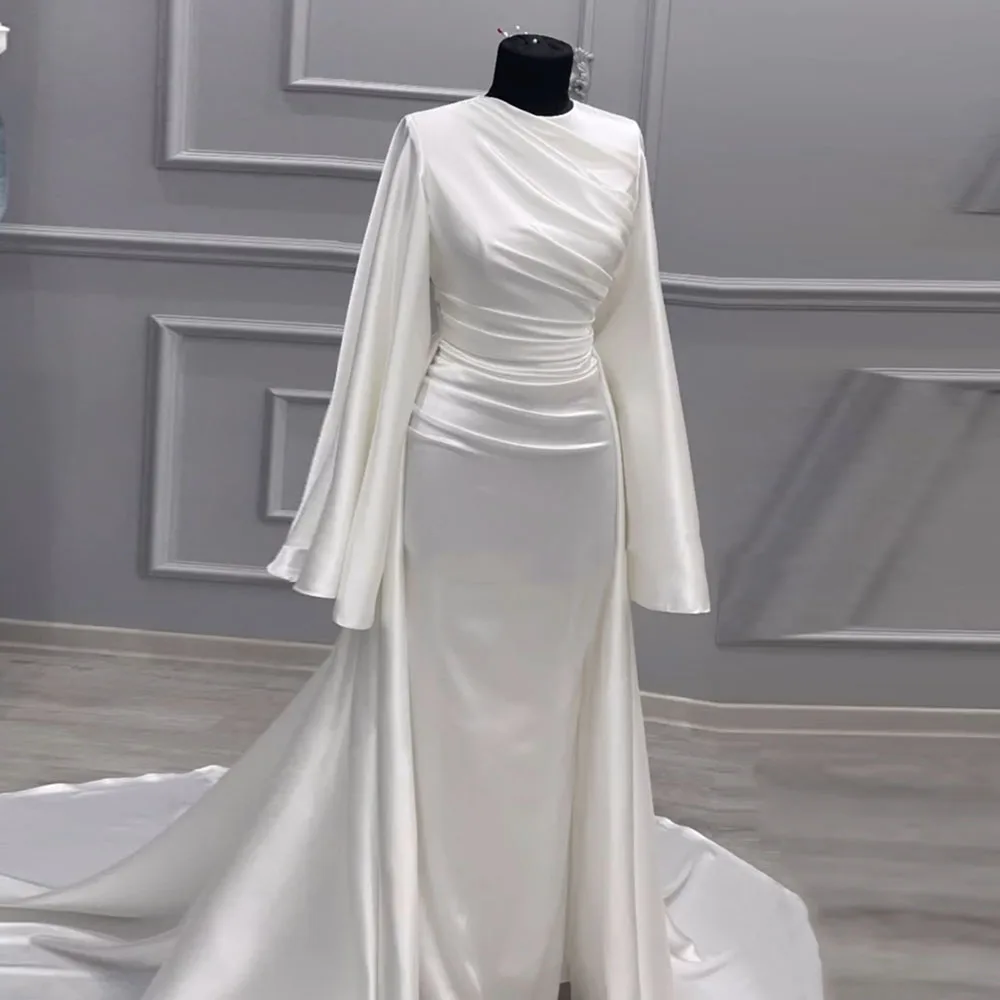 Eightale árabe vestidos de casamento o pescoço personalizado mangas compridas cetim sereia muçulmano vestido de noiva vestidos de novia