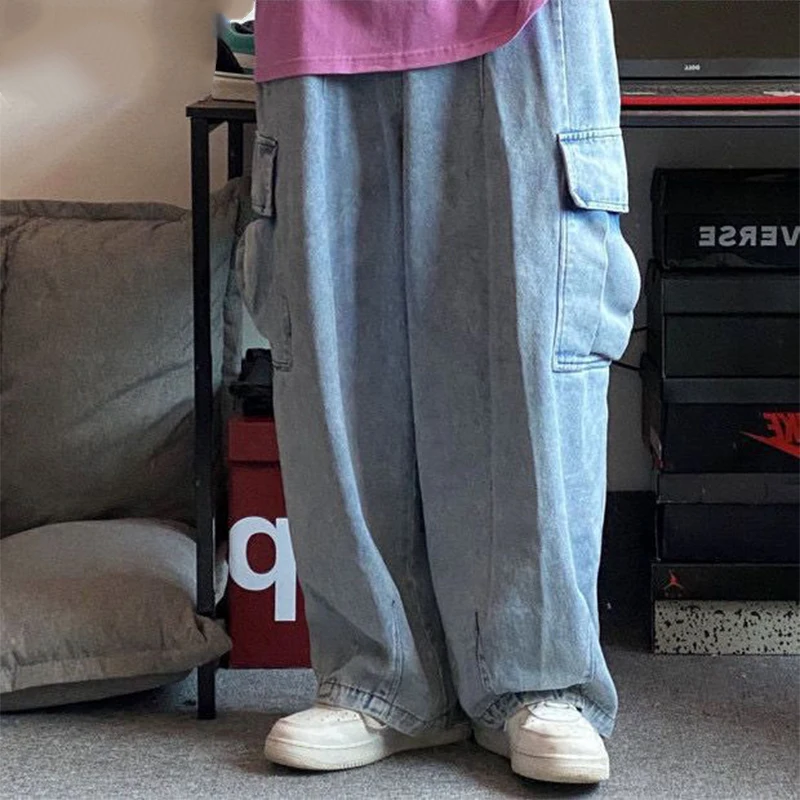 Mens Streetwear Baggy Jeans Denim Cargo Pants Hip Hop Jeans Spring Autumn Loose Wide Leg Big Pocket Trousers