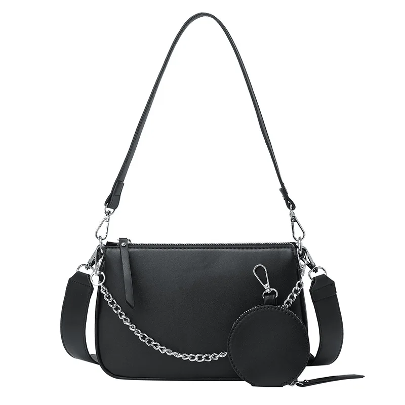 Korean Fashion PU Chain Black Wide Shoulder Strap Crossbody Bag with Mini Key Coin Purse Bag Women Trendy All-match Y2K Handbags