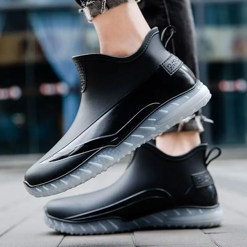 

Men's Four Seasons New Flat Sole Ankle Rain Shoes Unisex Thick Sole Non Slip Slip On Waterproof Kitchen Work Shoes Fishing Wader
