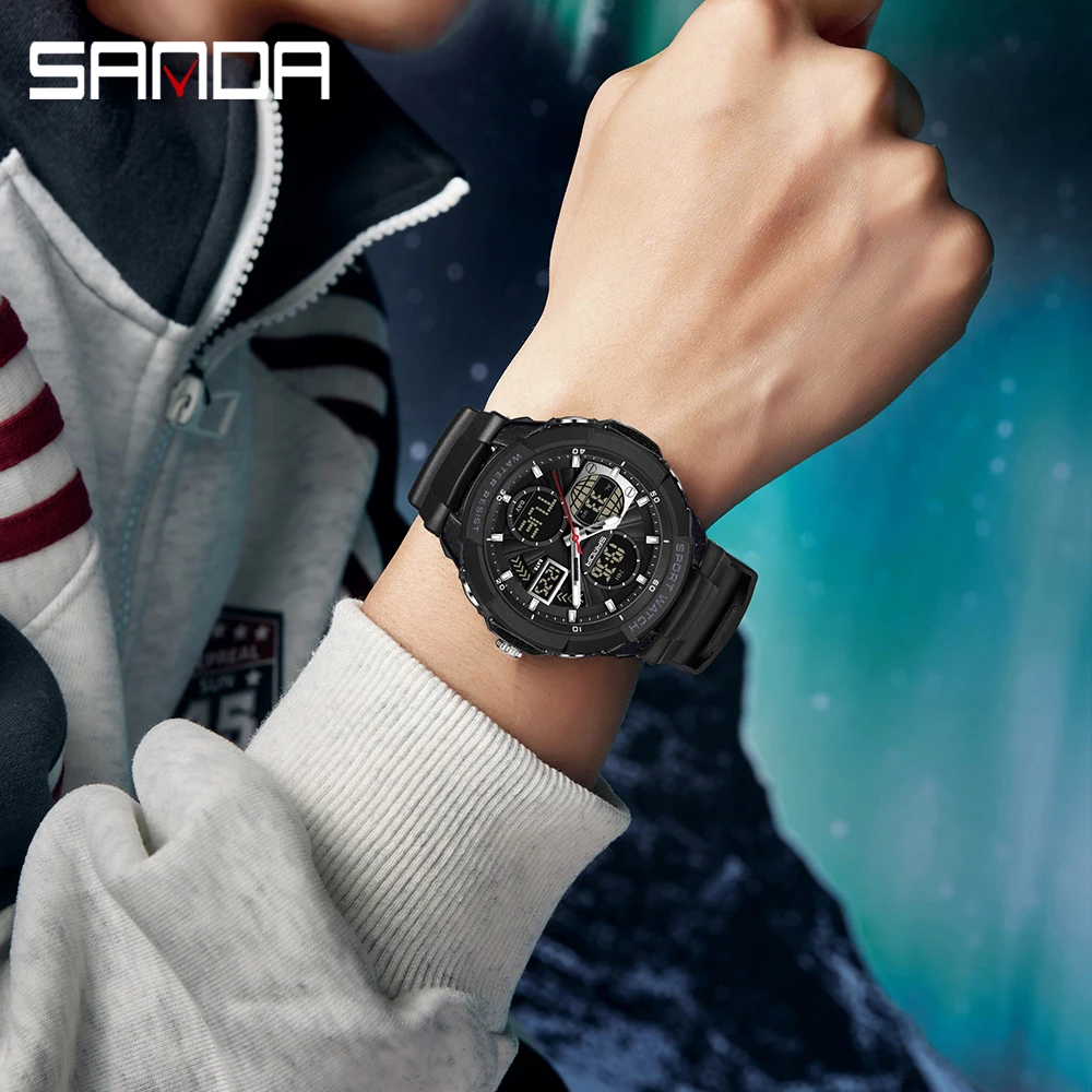 SANDA 6298 العلامة التجارية ساعة رياضية رجالية عادية الخلفية 50 متر مكافحة طالب المنبه عرض مزدوج ساعة رقمية