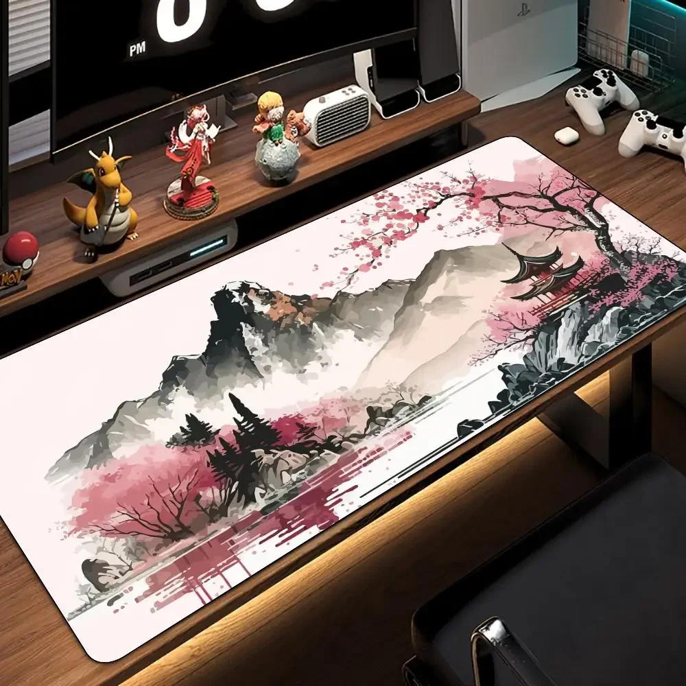 XXL Desk Pad Stitched Edge Large Playmat Mouse Pad Gaming Desk Mat Office Rug Cherry Blossom Ink Wash Pagoda Scenery