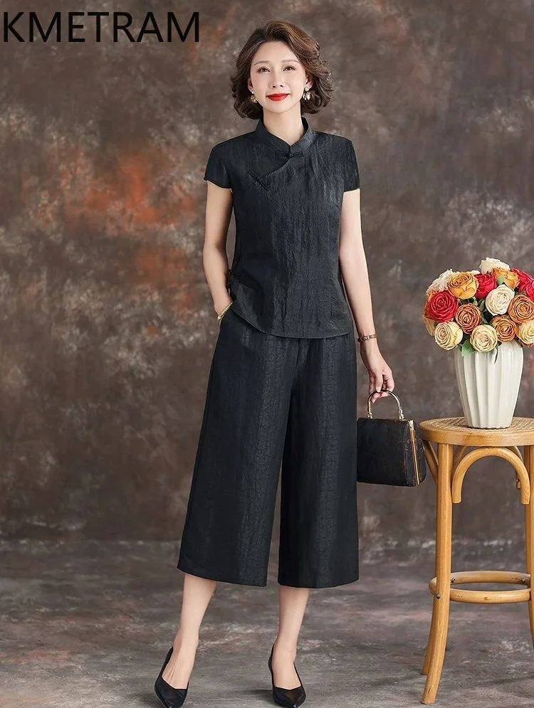 KMETRAM 100% Real Mulberry Silk Trousers Women 2026 Summer Casual Loose Calf-length Wide-leg Pants Clothing for Woman Ropa Mujer