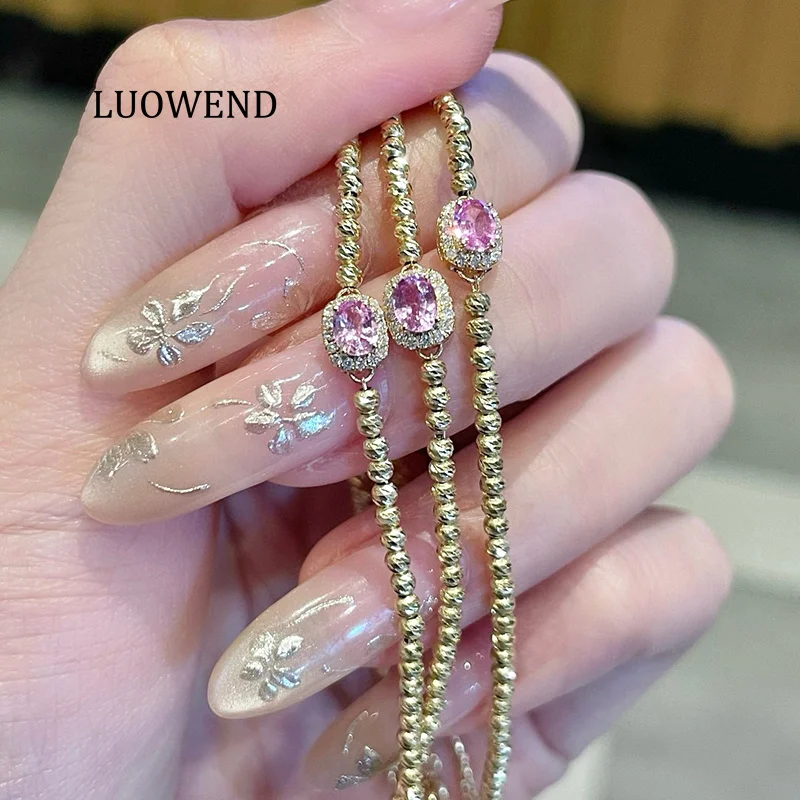 

LUOWEND 100% 18K Yellow Gold Bracelet Elegant Gentle Style Shiny Diamond Natural Pink Sapphire Bracelet for Women Fine Jewelry