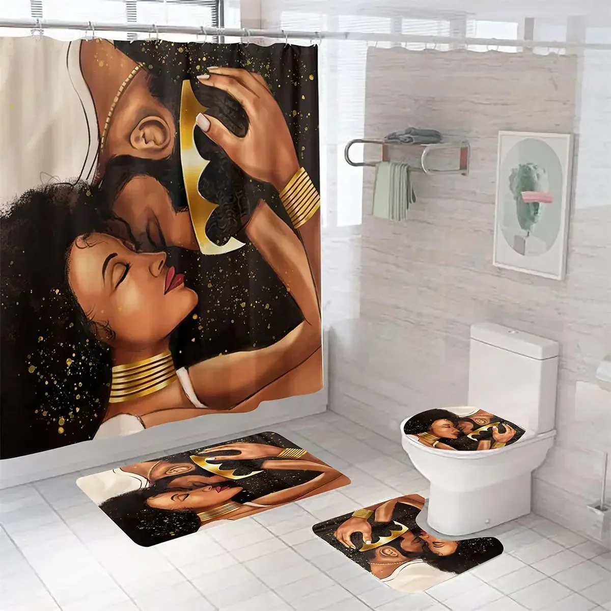 African American Shower Curtain Set Romantic Couple Black Queen Luxury GoldCrown Mandala Flower Bathroom Decor Non-Slip Bath Mat