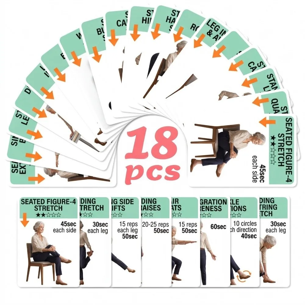 18Pcs Illustrated Step Move Guide Senior Standing Exercise Flashcards Elderly Standing Full Body Exercise Cards