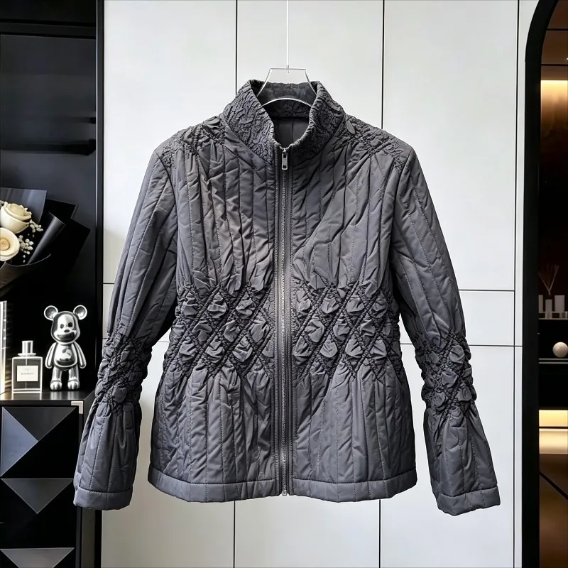 Pleated Embossed Stand Collar Zipper Cotton Jacket 2026 Winter New Long Sleeve Loose Thickened Coat Commuter Elegant Women's Top