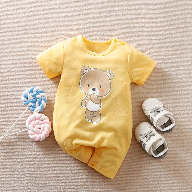 Newborn Infant Cute Cartoon Bear Graphic Romper Short Sleeve CrewNeck Jumpsuit For Baby Girls And Boys Toddler Summer Clothes