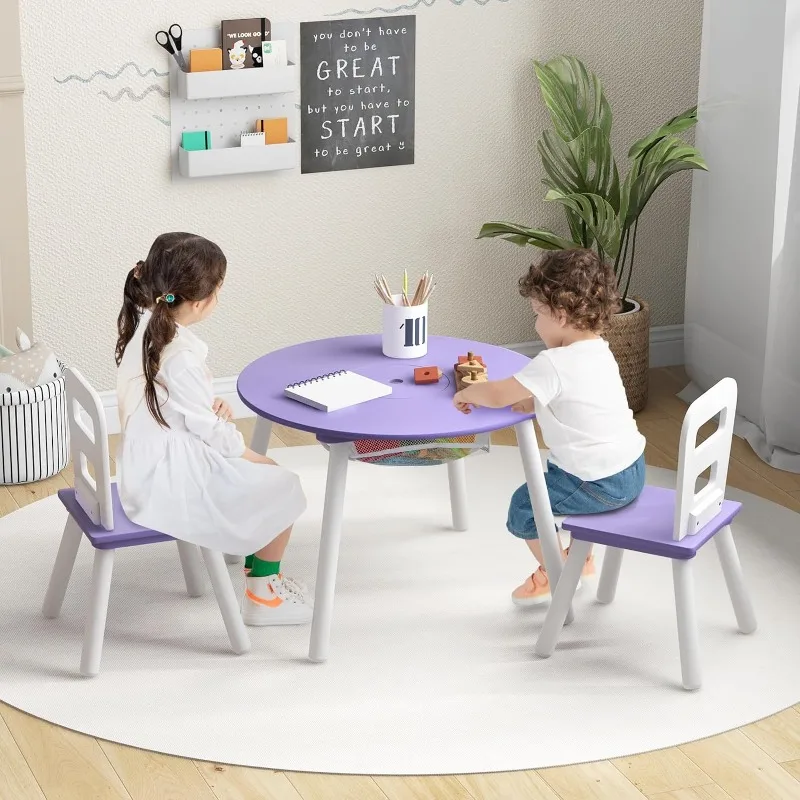 Juego de mesa y silla para niños, mesa de actividades de madera con almacenamiento de malla central, muebles para niños, regalo para niños y niñas,