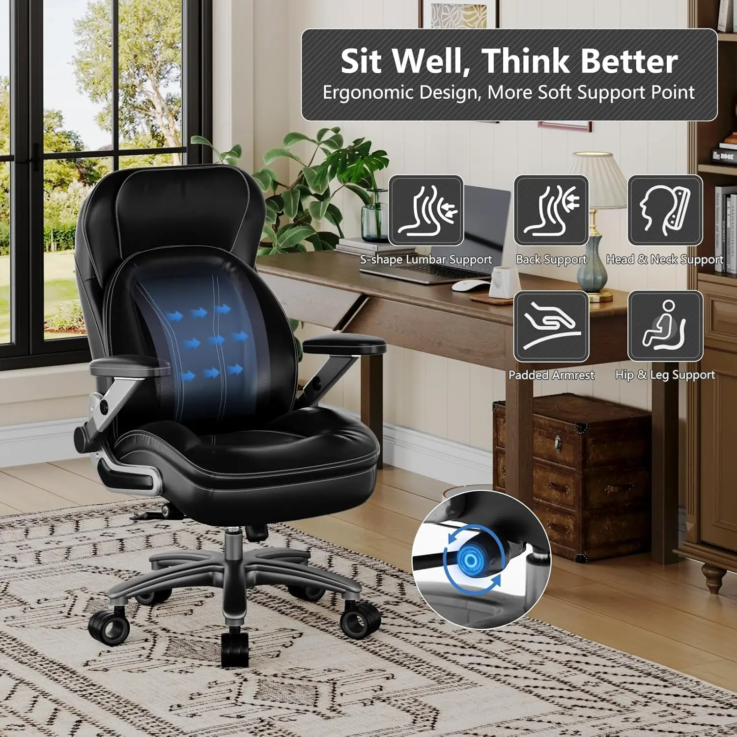 Silla de oficina grande y alta, resistente de 600 libras, silla ejecutiva ergonómica de cuero PU con lumbar ajustable, brazos 5D, ajuste de altura,