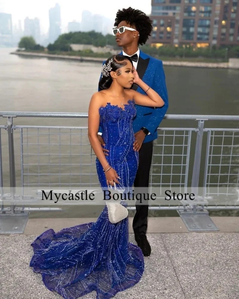 Luxury Blue Prom Dresses 2026 Sweetheart Sequin Beads Mermaid Party Gowns For Black Girls Maxi vestidos de graduación Customized