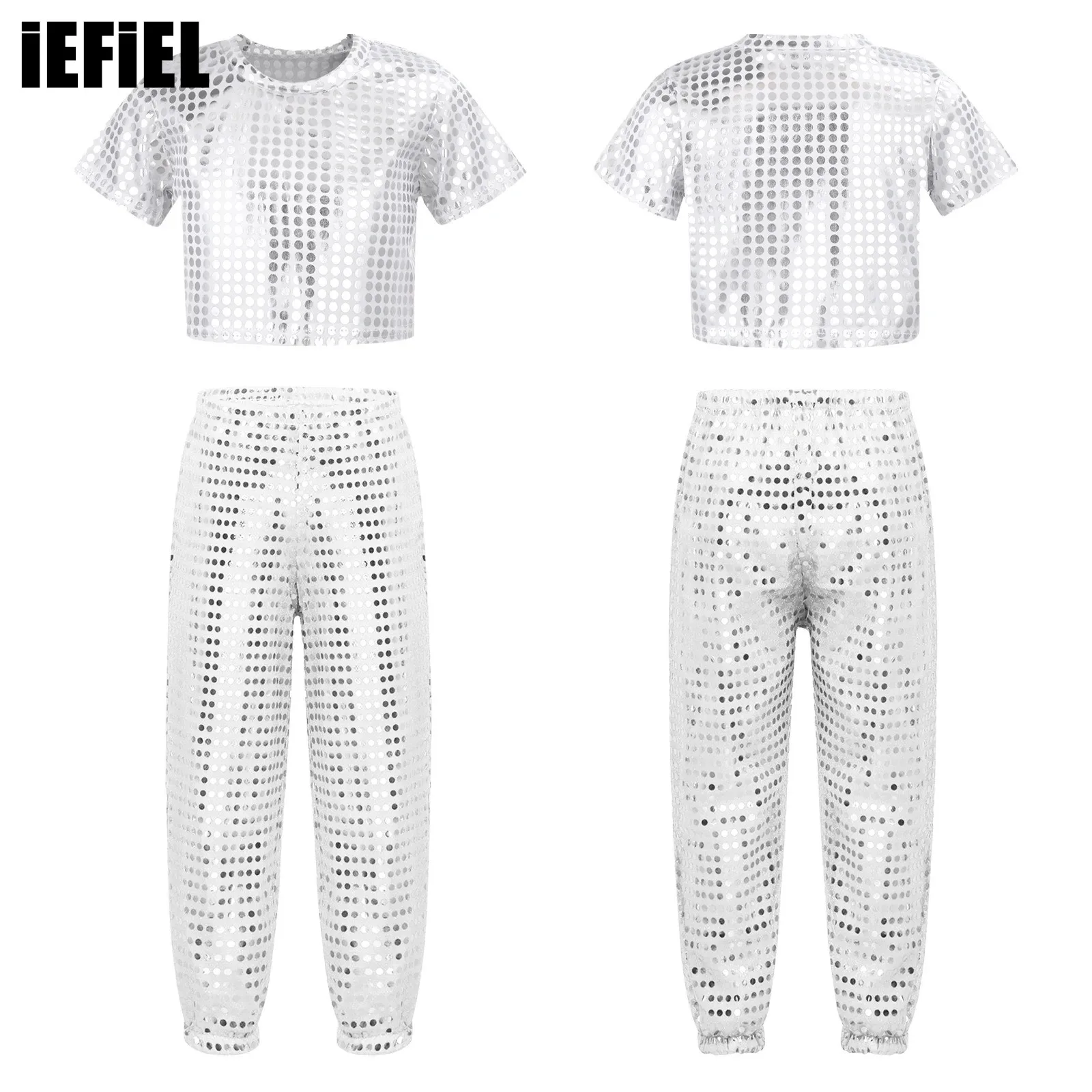 

Unisex Kids Shiny Sequins Dance Outfits Round Neckline Crop Top with Elastic Waistband Pants for Performance Competition