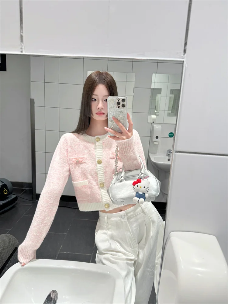 Sweet Style Pink Short  Knitted Cardigan for Women Autumn Stylish Slim Pocket Knit Long Sleeved Jacket Contrast Color Ropa Mujer