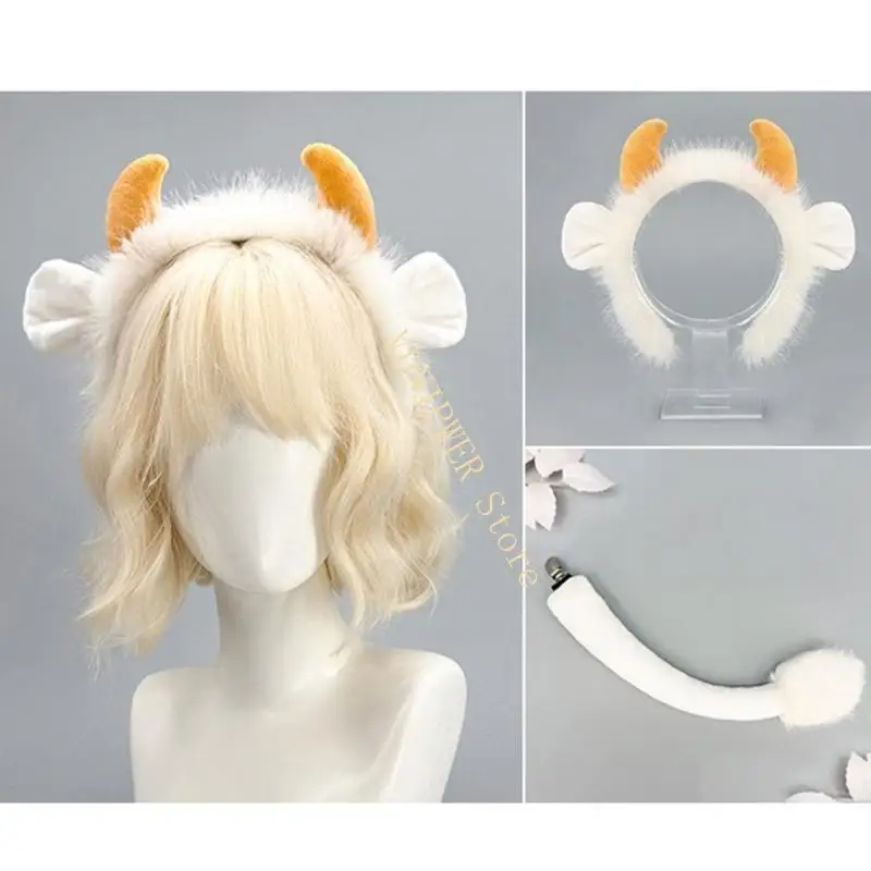 

1/2Pcs Animal Yak Costume Set with Yak Ears Headband Yak Tail Accessories for Halloween Fancy Dress Party Props Gifts D08E