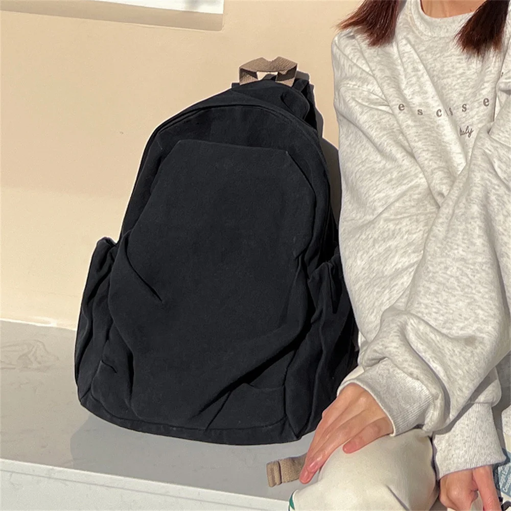 Large Capacity Casual Simplicity Versatile School Student Backpack Solid Color Japanese Washed Canvas Travel Bag For Men Women