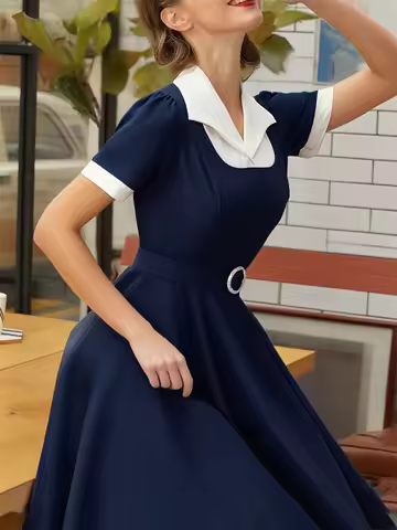 Solid Blue White Patchwork Swing Pleated Cocktail 50s Dress Hepburn Short Sleeve Office OL Daily Casual Evening Dress with Belt