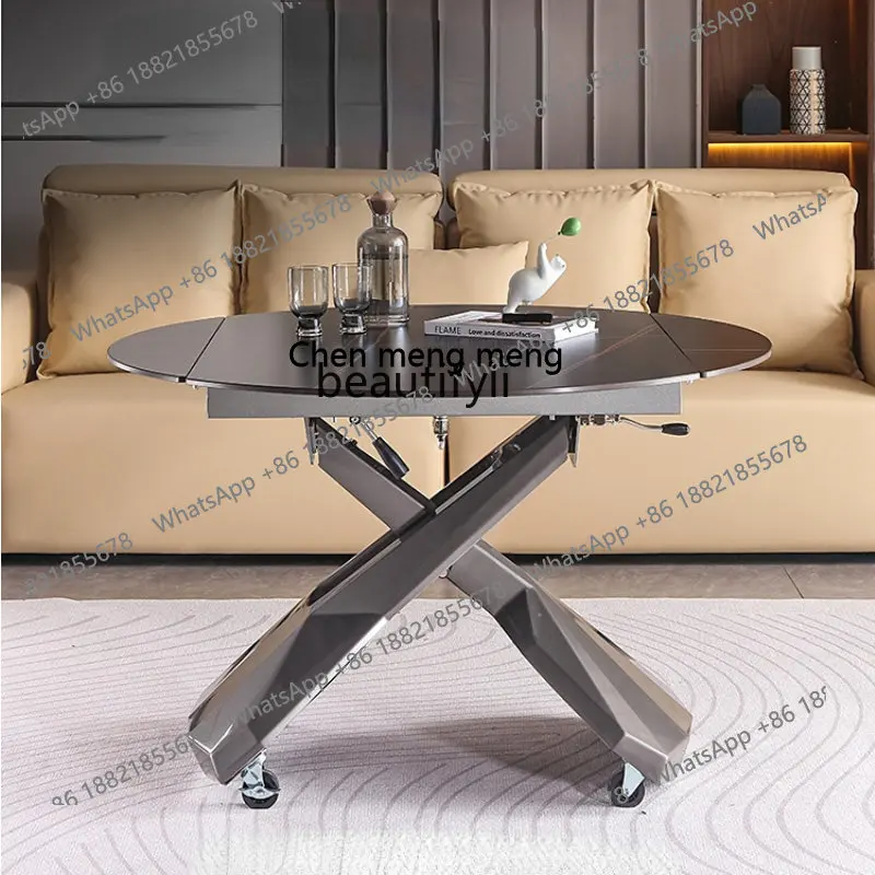New arrive Italian Bright Stone Plate Retractable Dining Table Lifting Coffee Table Dual-Use Integrated Variable round Table