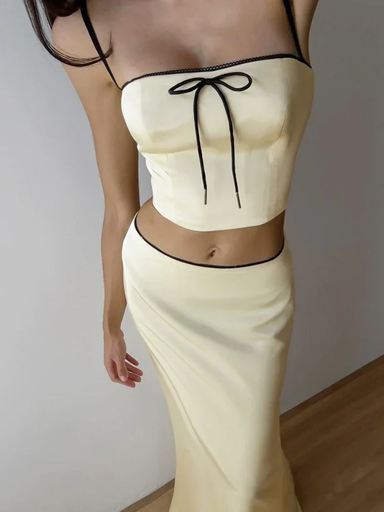 

Women's Solid Color Slim Fit With Exposed Navel Set Suspender Vest High Waisted Skirt Lady New Fashion Party Clothing 2024