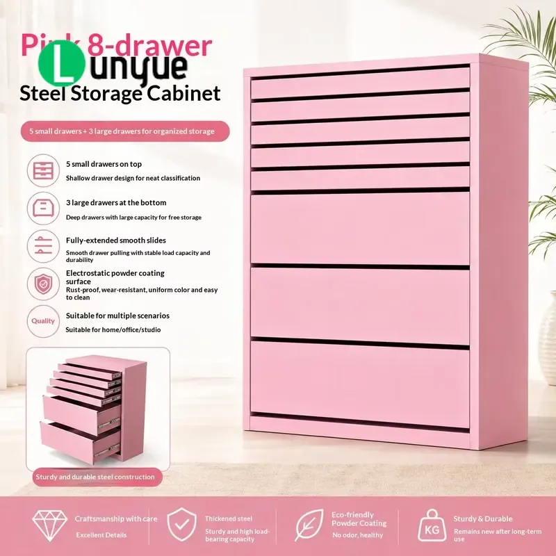 Pink Heavy Duty 8-Drawer Tool Cabinet Thickened Steel Tool Chest for Auto Repair Workshop Hardware Parts Storage