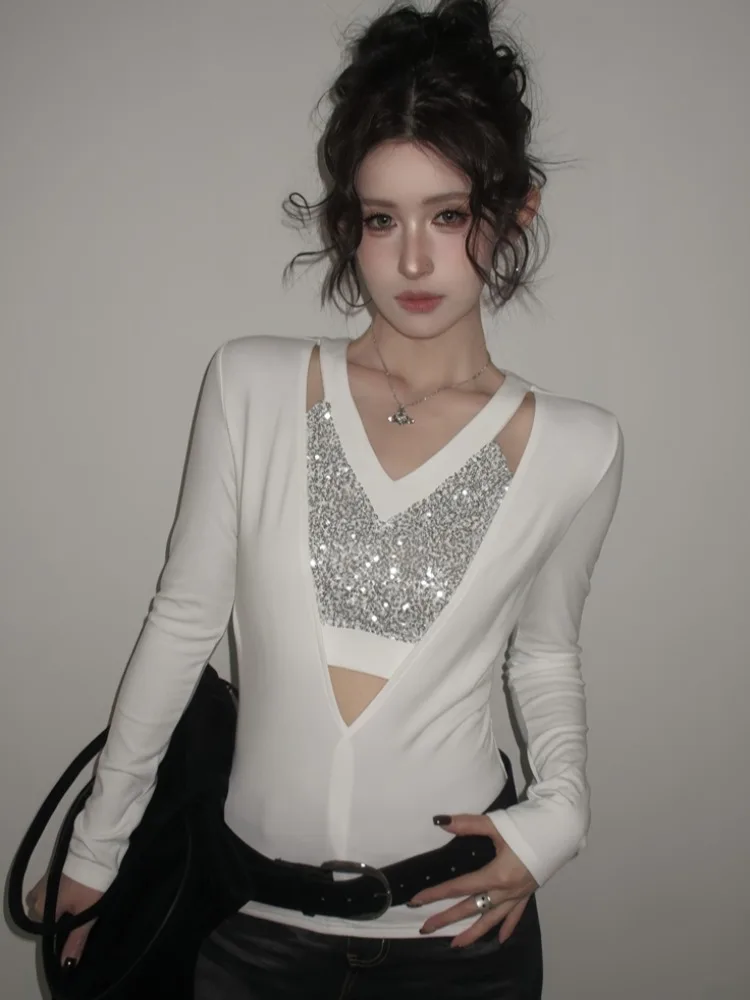 

Spicy Girl Long Sleeve Hollow out Sequin Patchwork T-Shirt Women's Spring Autumn New Casual Slimming Top Trendy City Walk