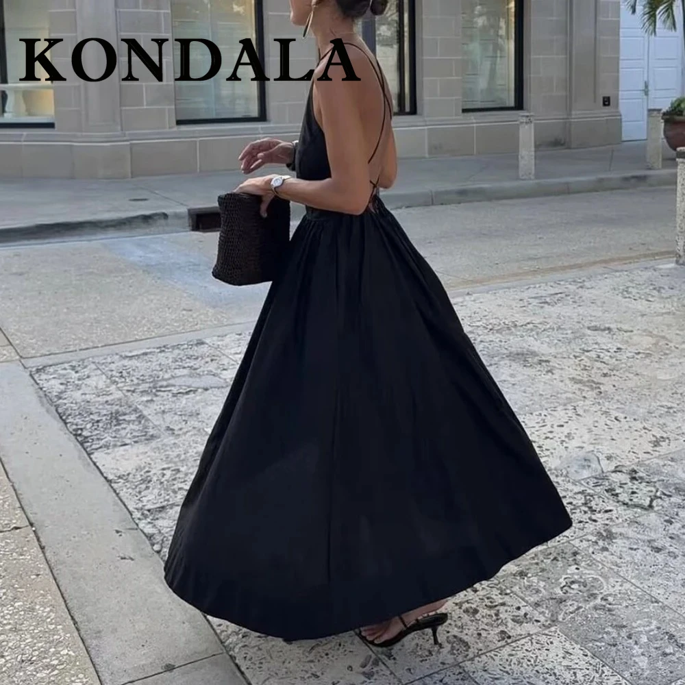 ชุดเดรสยาว KONDALA สีดำ ดีไซน์เก๋ หรูหรา เซ็กซี่ สำหรับผู้หญิง ฤดูร้อน 2025 เปิดหลัง คอเสื้อแบบผูก  แฟชั่นสำหรับงานกลางคืน ปาร์ตี้ งานวันเกิด