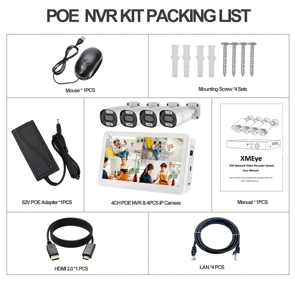 Wistino Xmeye-Kit de sistema de cámara Lcd Poe, 4 canales, detección de movimiento, reconocimiento facial, Audio bidireccional, sistema CCTV, Kit de olla