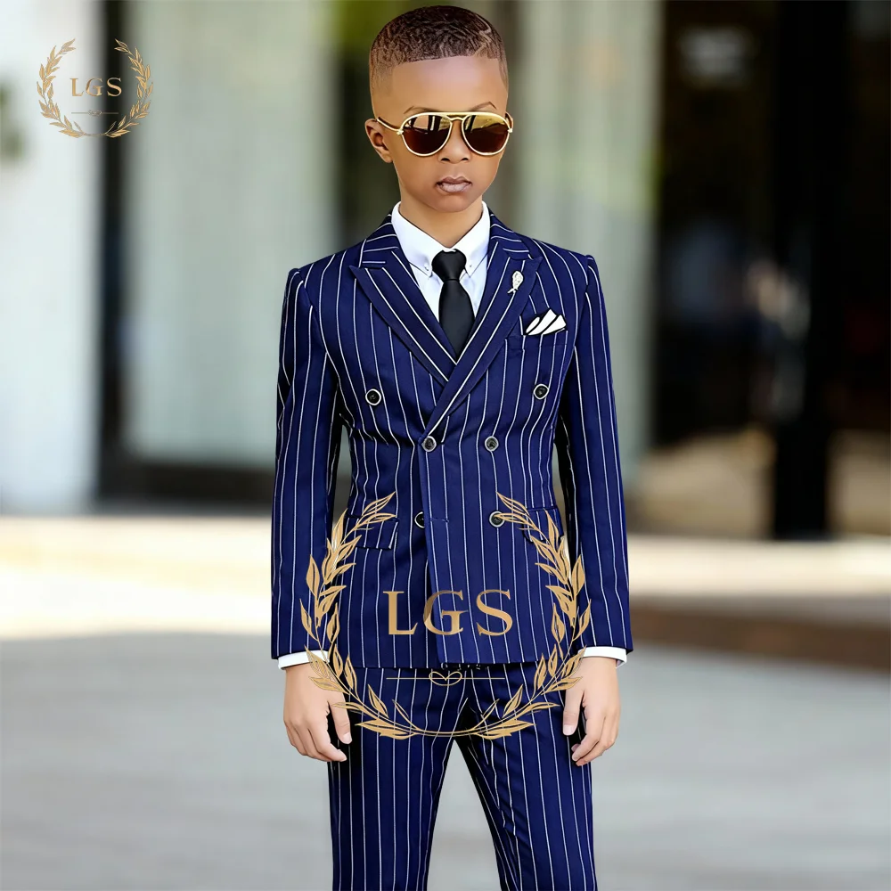 Elegant Boys' 2 - Piece Suit: Double - Breasted Striped Blazer with Peak Lapel & Pants for Church, Graduation, Special Occasions