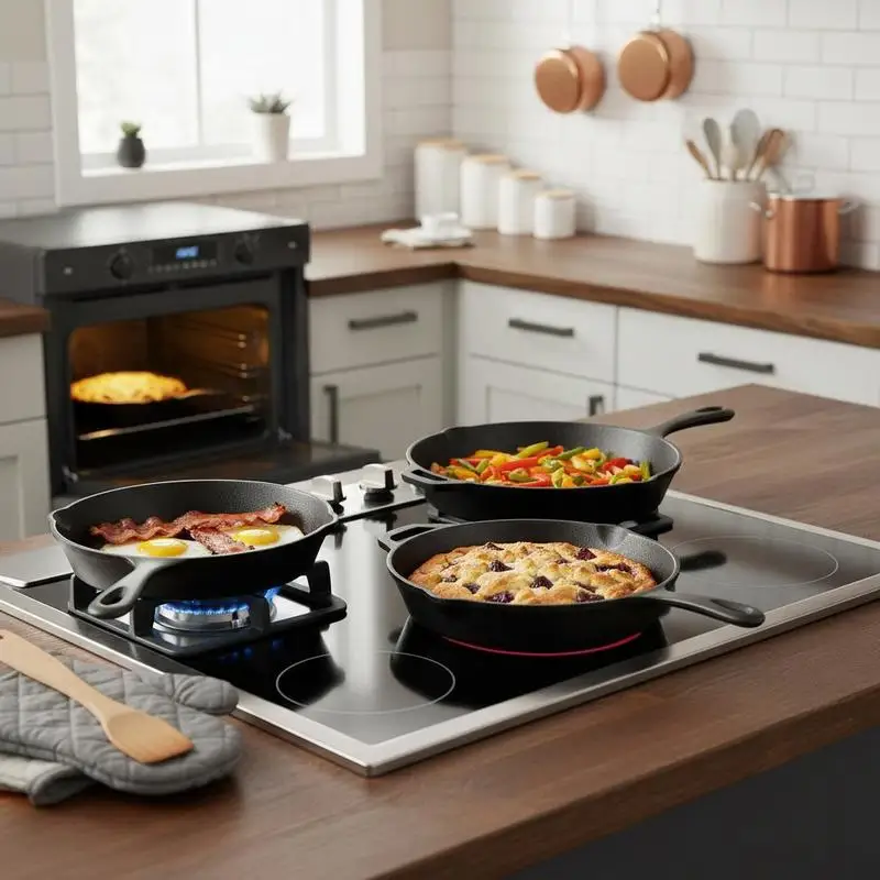 

Cast Iron Frying Pan Set 6 8 10 Inch For Kitchen Oven Camping Heavy-Duty Construction Pre-Seasoned Surface Chef Cookware Induction Compatible Black Professional Grade Triple Pack