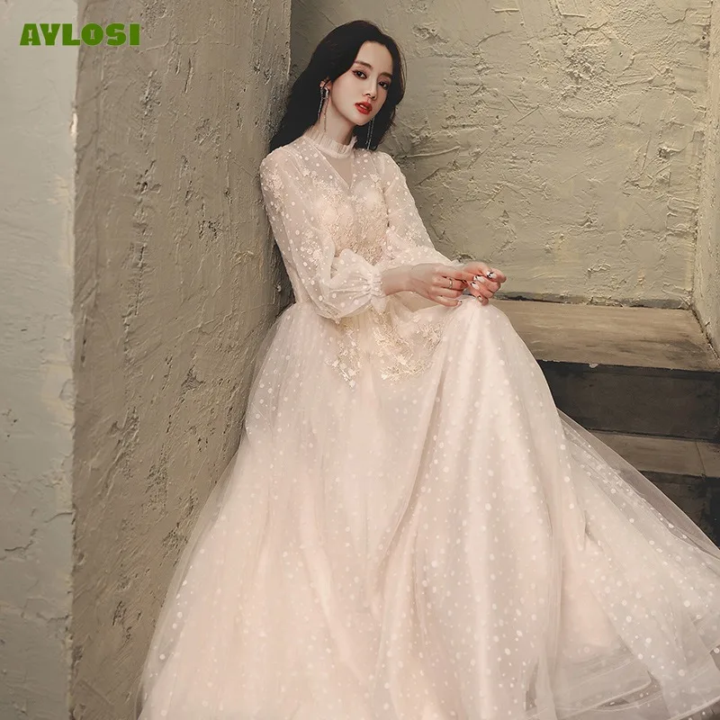 AyLosi French Style Evening Dresses for Women Elegant Long-sleeved Round Neck Lace Skirt Champagne Banquet Gown Dress Vestidos