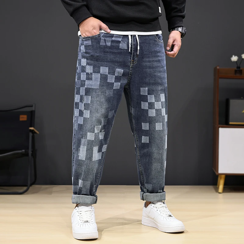 8XL oversized jeans men's fashion mosaic printing stylish stretchy plus size casual denim loose 150kg fat pants