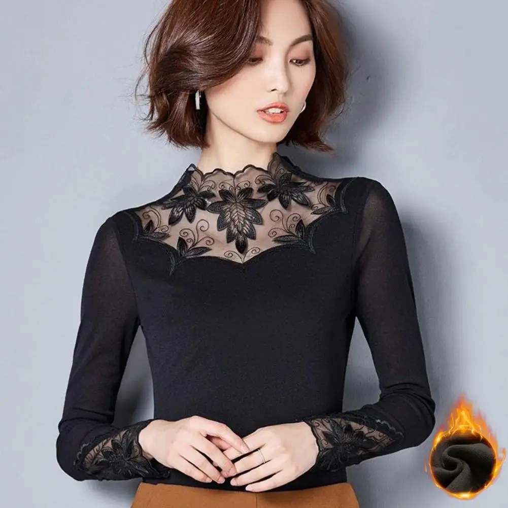 

Hollow Out Women Spring Autumn Style Lace Blouses Shirts Casual Long Sleeve Patchwork Spliced Turtleneck Blusas Tops