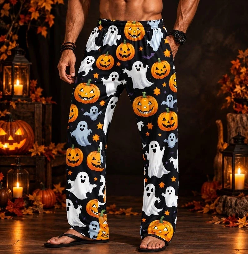 Herren-Halloween-Pyjamahose mit Kürbis-, Fledermaus- und Ahornblattmuster, weite Hose, lässige Herbst- und Urlaubshose, Party- und Loungewear, Schlafhose – Detail 5