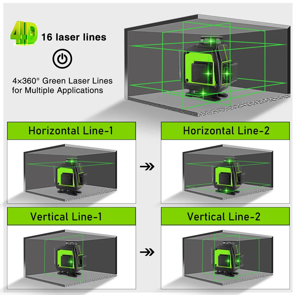 Clubiona 16/12 lines Laser Level professional Super powerful Green Lines With 4000mAh Li-ion Battery Remote Control pulse mode