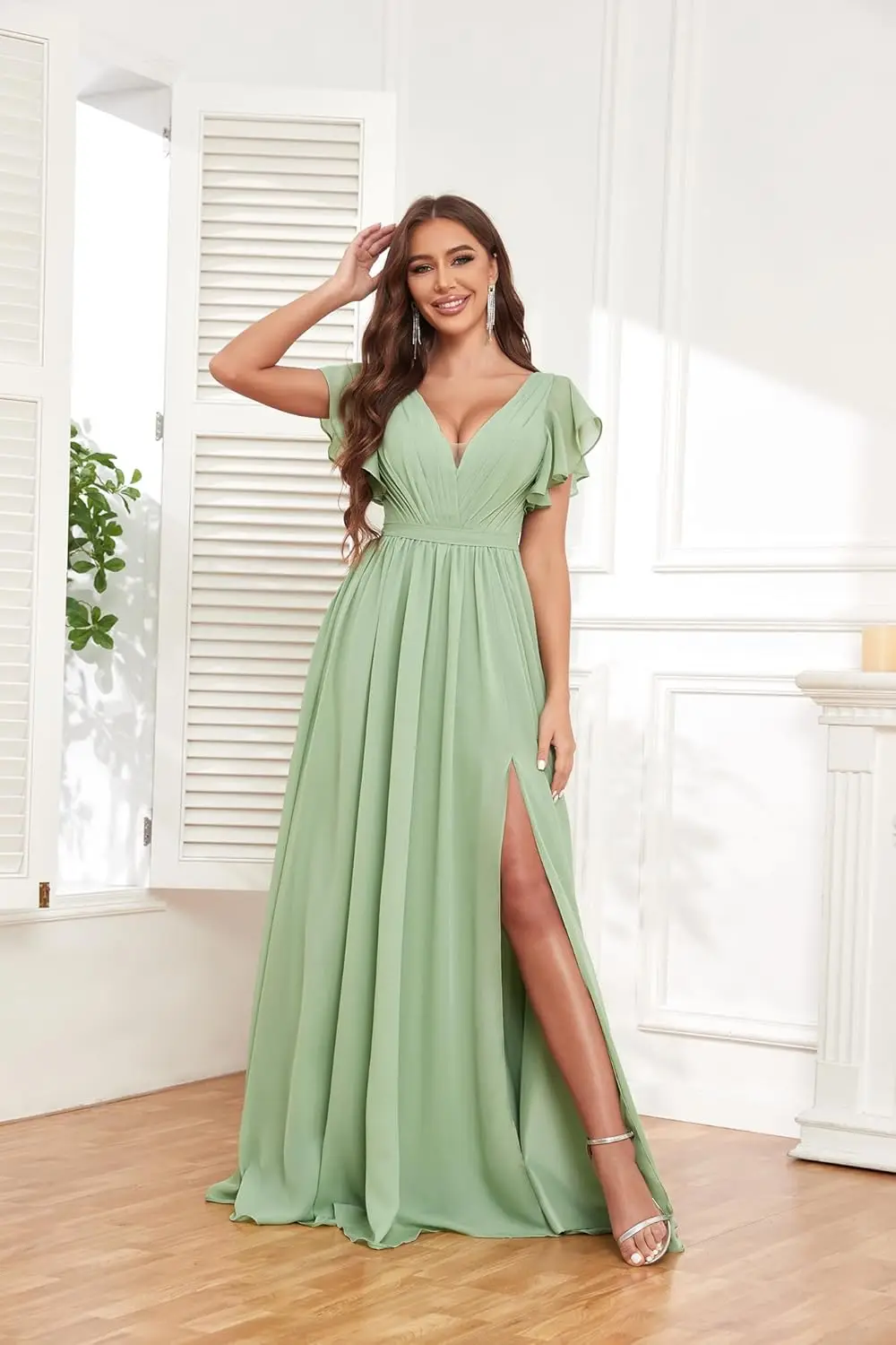 レディース ロングブライズメイドドレス シフォン Vネック スプリット Aライン イブニングドレス タイバック付き ボールルームドレス エレガント フォーマルイブニングドレス