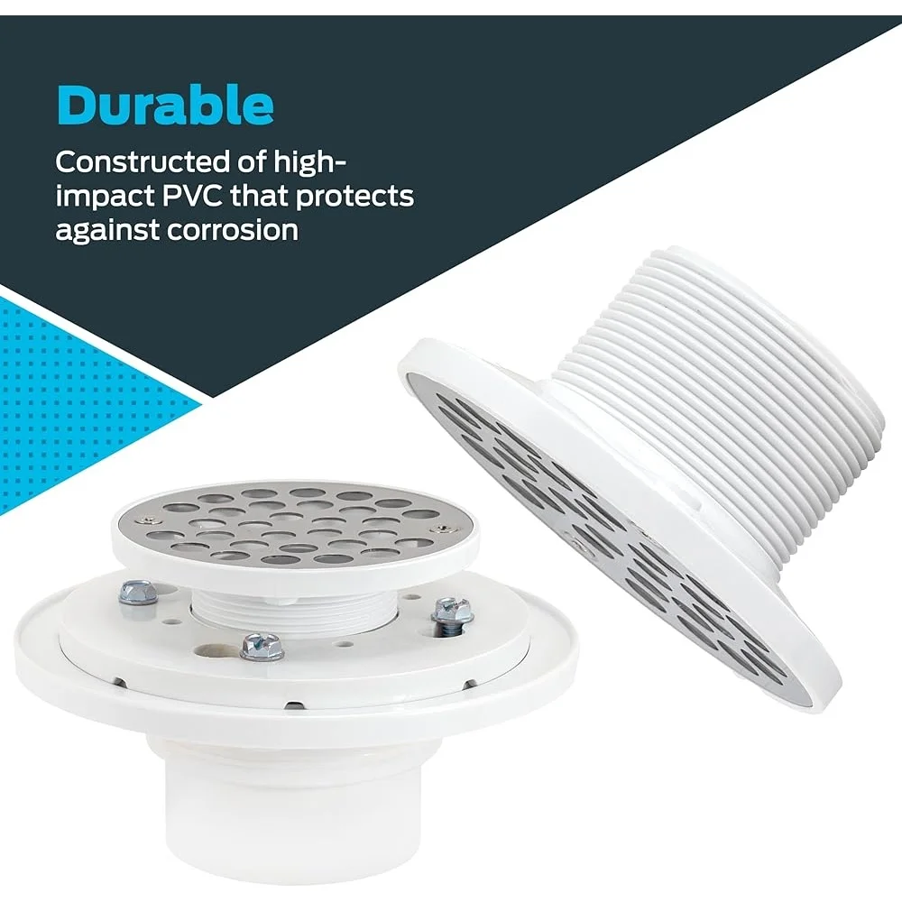 Low-Profile-PVC-Duschbodenablauf mit Edelstahlgitter, einfache Installation, 5,1 cm, 7,6 cm Rohr, kompatibel mit langlebigen Entwässerung