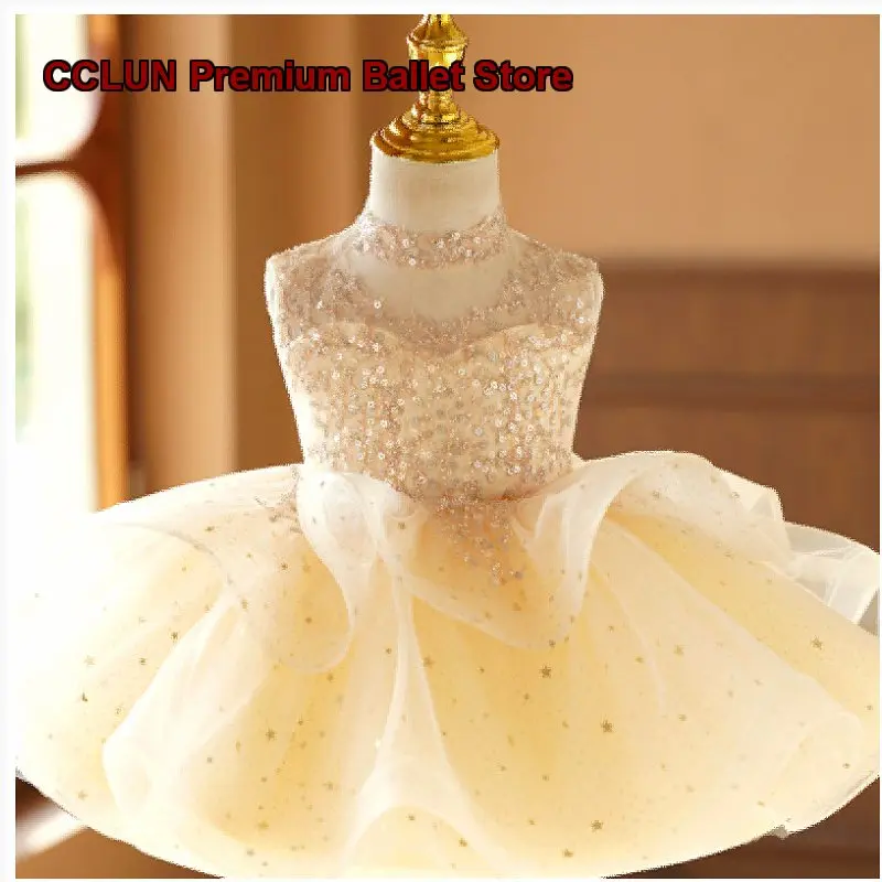 Women's Baby Champagne Color Dress Birthday Princess Skirt Summer Model Runway Piano Performance Tutu