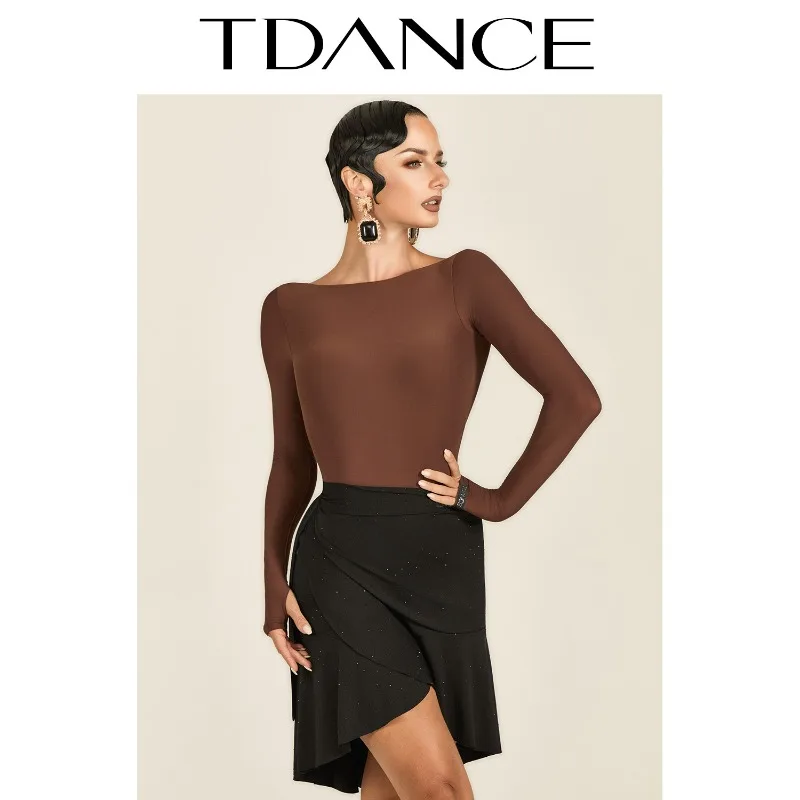 فستان ممارسة لاتيني حديث مخصص من TDANCE [ياقة سفينة وأكمام طويلة] مع وسادة صدر أساسية متعددة الاستخدامات للنساء GL-219