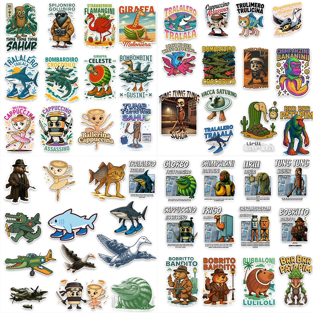 

60 шт. смешанная забавная наклейка с изображением итальянского мозга, Tung Tung Tung Tung Sahur, наклейка, граффити, сделай сам, чемодан для телефона, наклейка на гитару, праздничный подарок