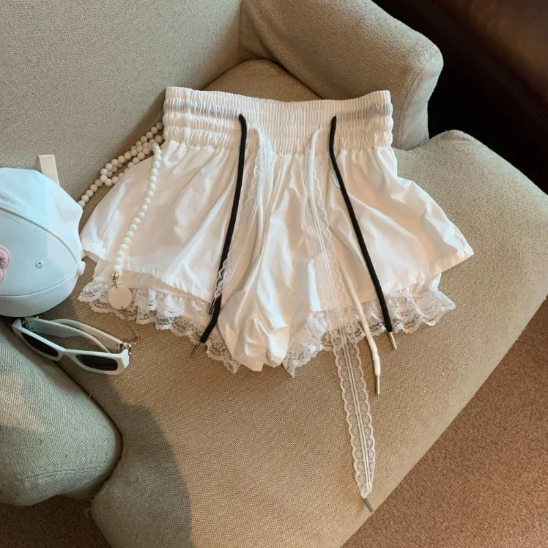 Duas peças rendas retalhos saias shorts y2k cintura alta doce lanterna shorts para as mulheres 2025 verão novas calças curtas casuais