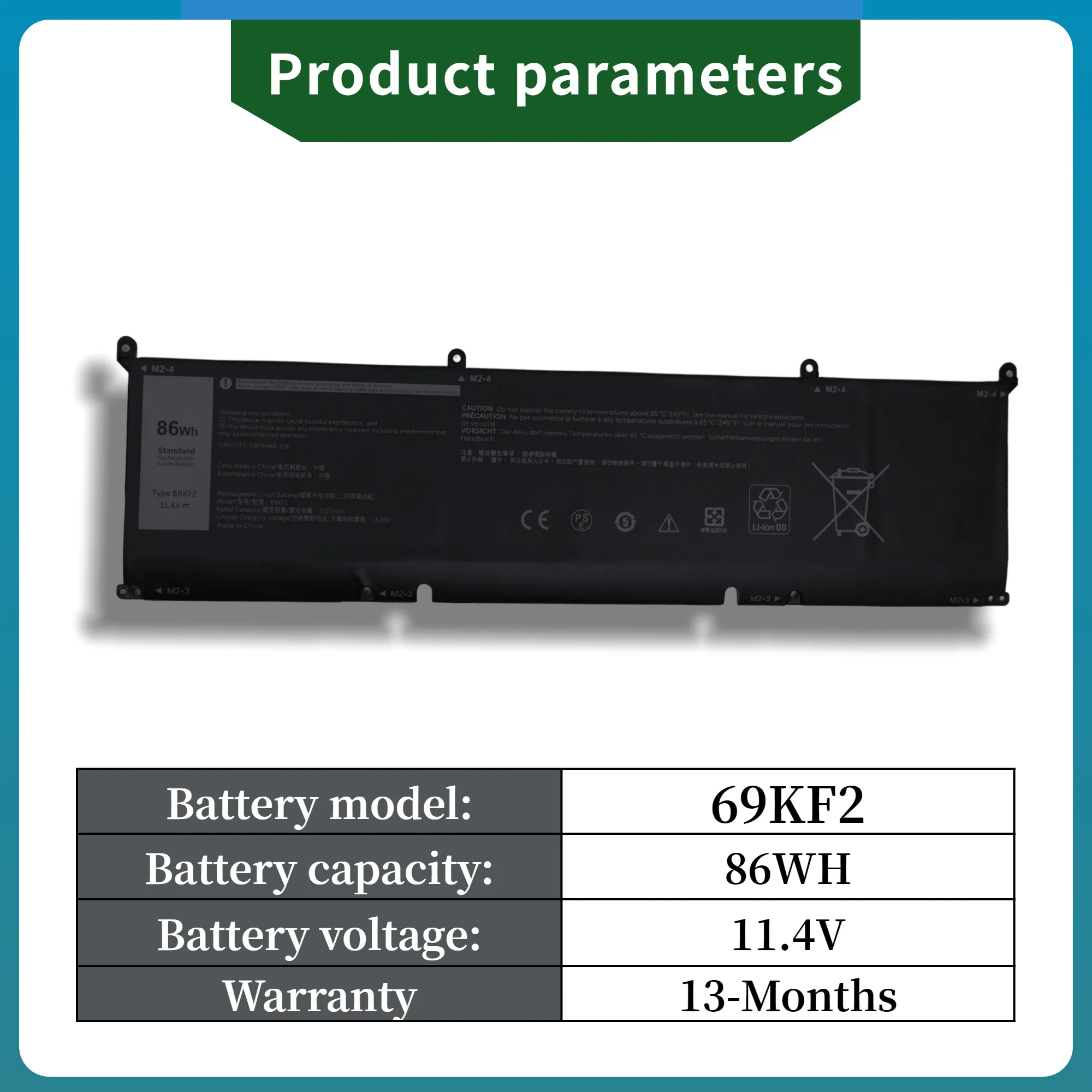Factory Direct! 69KF2 Battery for DELL XPS 15 9500 9510 9520 9530 Precision 5550 5560 G15 5510 5511 5520 5515 5521 G7 15 7500