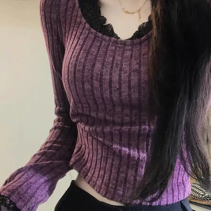New Women's Autumn and Spring Casual Fitted Slim Regular-Shoulder Lace Spliced Long-Sleeve T-Shirt