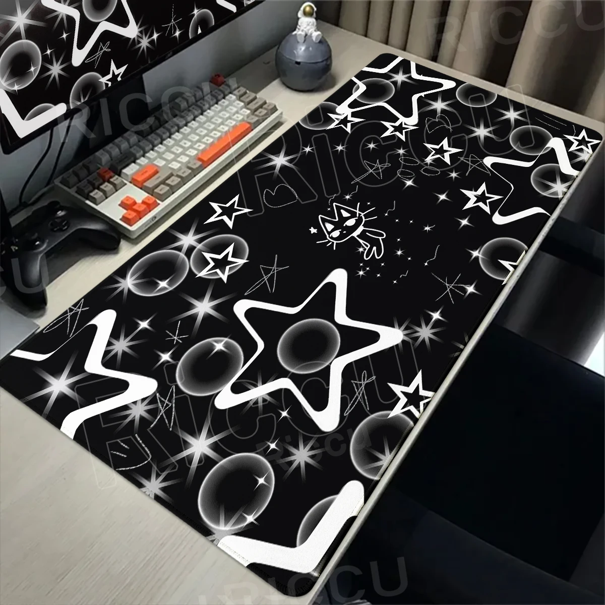 Schwarz-weißes Mauspad, Gaming-Tastaturmatte, niedliche Stern-Katzen-Schreibtischunterlage, PC-Zubehör, Schreibtischschutz, Teppich, Büro-Laptop-Verlängerungsmatte
