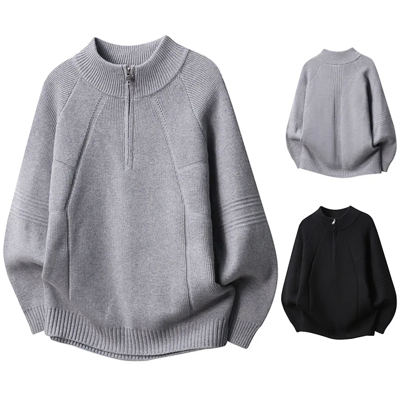 Semi-zipper Sweater Men's Versatile Knitted Sweater Autumn And Winter Autumn And Winter With Semi-turtleneck Business