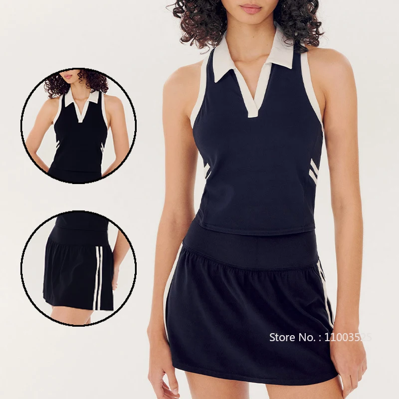 

Women Summer Sports Outfit V-Neck Short Sleeve Polo Shirts A-lined Tennis Skirt Ladies Quick-dry Two Piece Golf Clothing Set