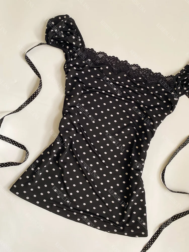 Summer casual versatile short sleeved top Y2k sweet sexy hot girl high street retro polka dot printed lace short sleeved top emo