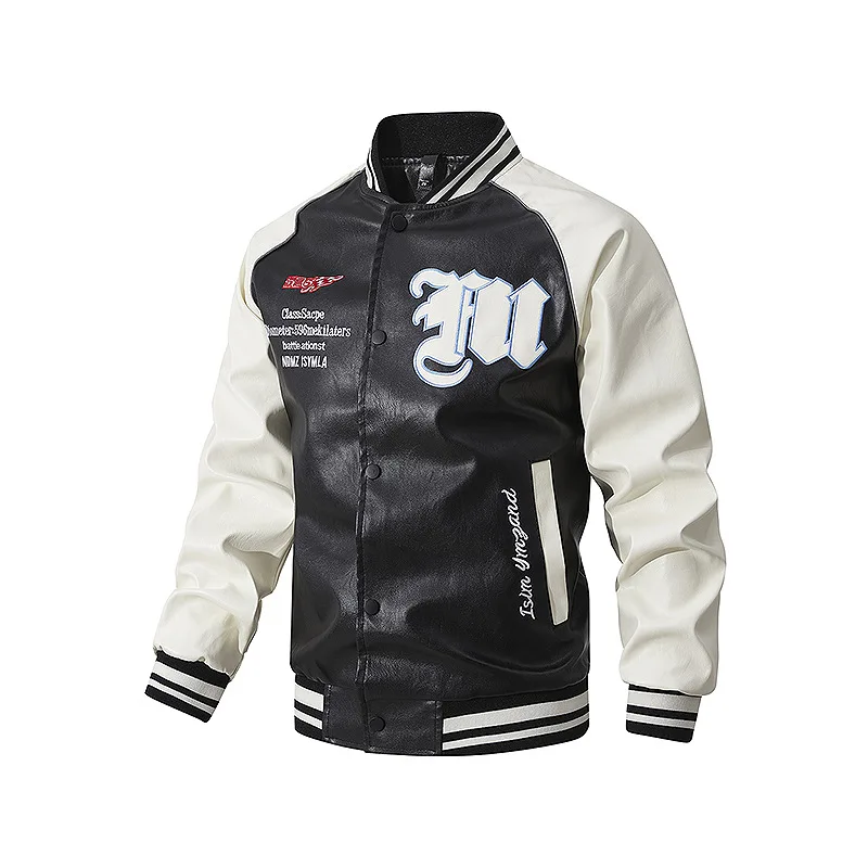 Men's Fashionable Versatile Embroidered PU Leather Baseball Jacket New 2025 Autumn Racing Suit Trendy And Stylish