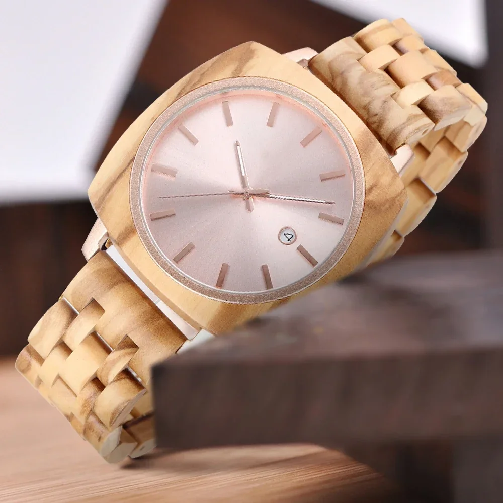 KityKiss 새로운 달력 나무 사각 남자 시계, 유행 캐주얼 쿼츠 무브먼트, 방수 나무 시계, 절묘한 남자 선물.