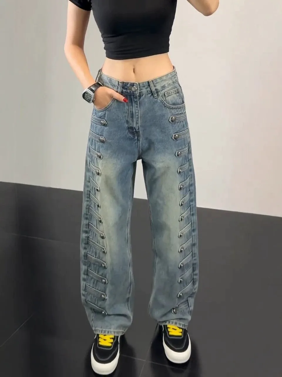 plus Size American Retro Court Style Metal Buckle Unique Design Jeans Women Loose Slim Wide Leg Casual Long Trousers